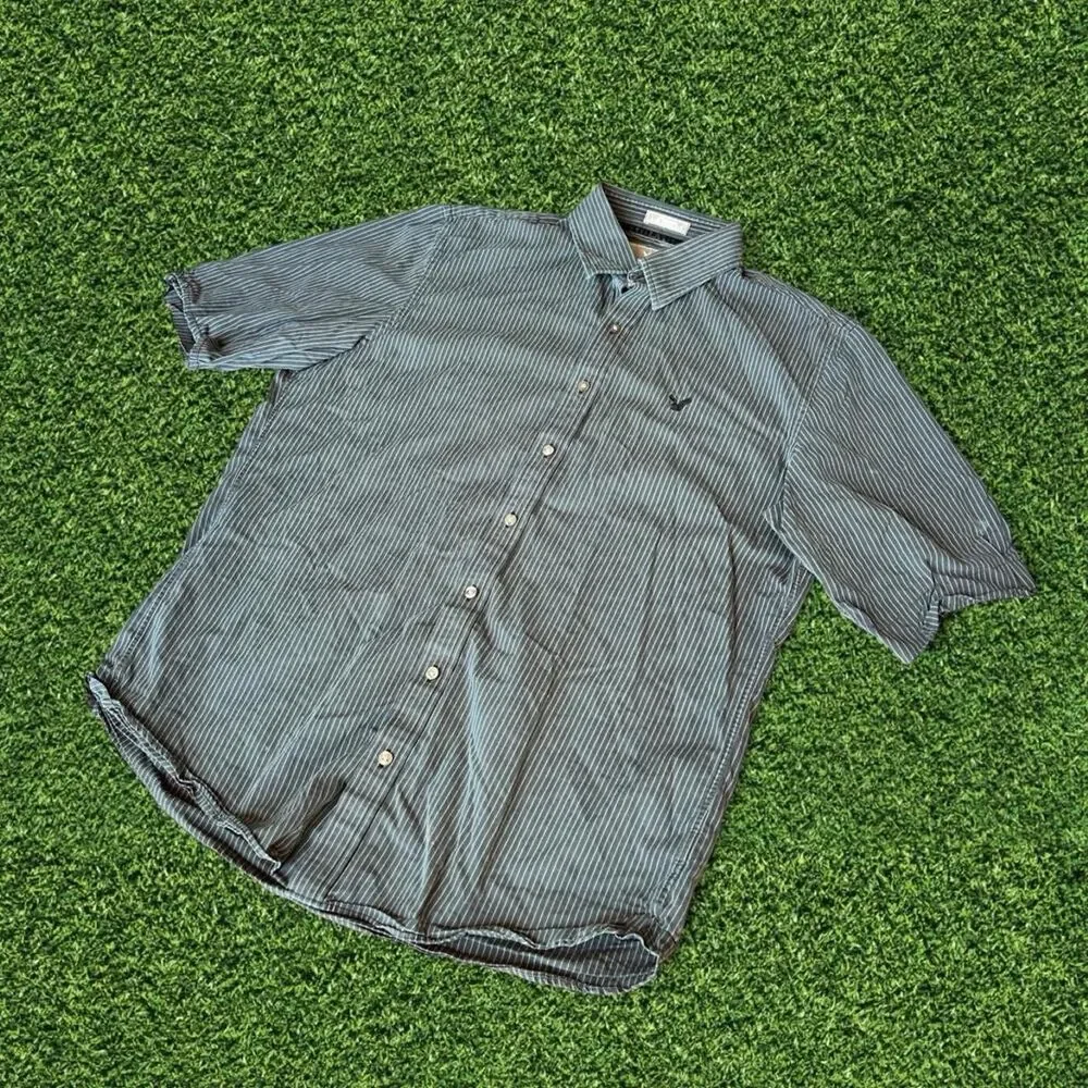 American Eagle Outfitters Y2K cropped fit blue & gray striped button-up shirt